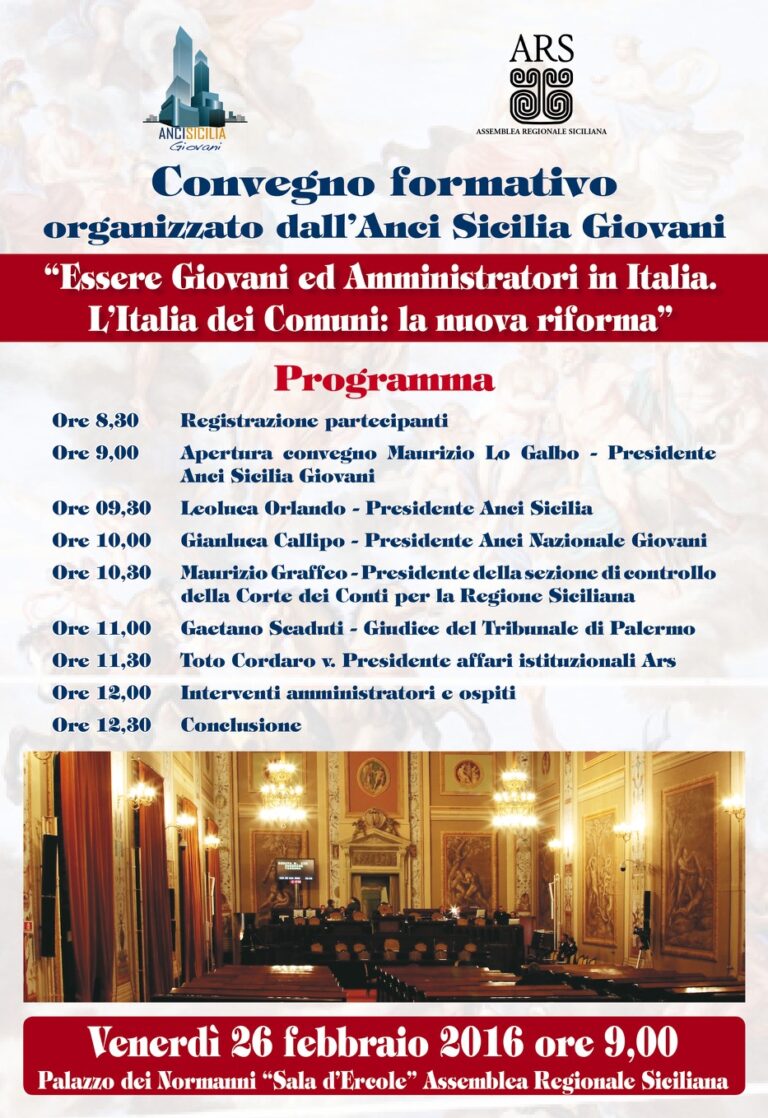 “Essere giovani ed amministratori in Italia. L’Italia dei Comuni: la nuova riforma”. Il 26 febbraio a Palermo giornata formativa a cura di Anci  Sicilia Giovani